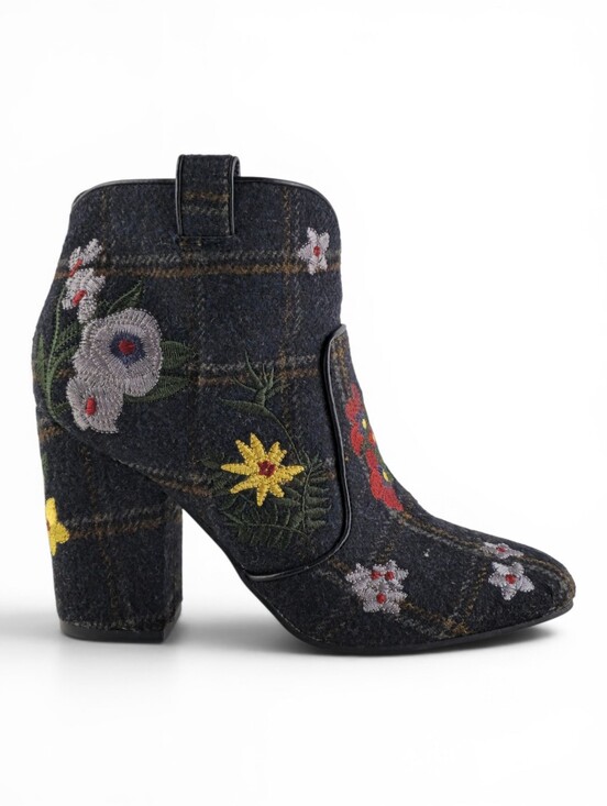 Indigo Shoes - Indigo Rd Women's Juke Floral Embroidered Plaid Block Heel Booties Blue 6.5